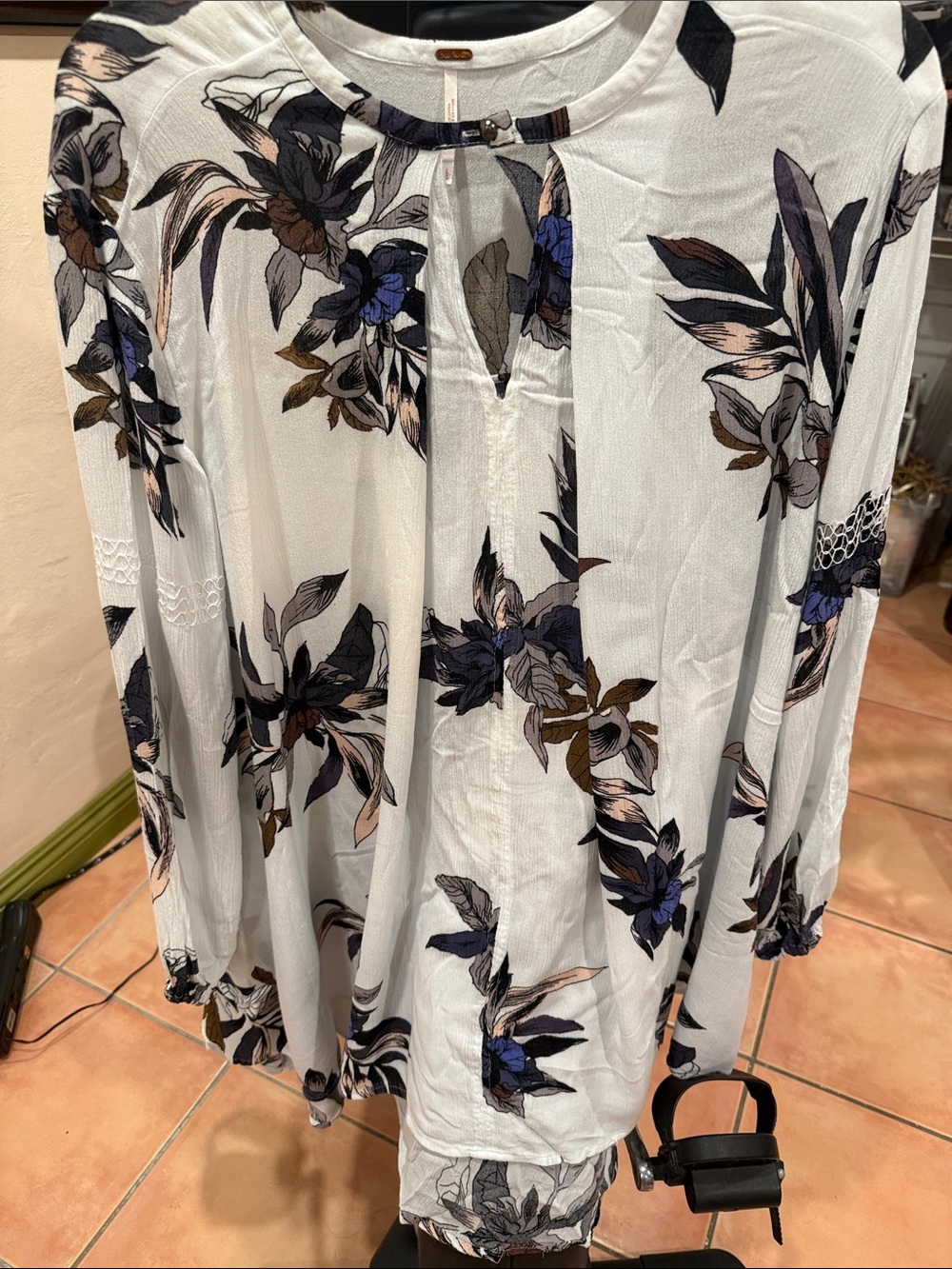 Free People White Floral Peasant Blouse with Blue and Brown Accents